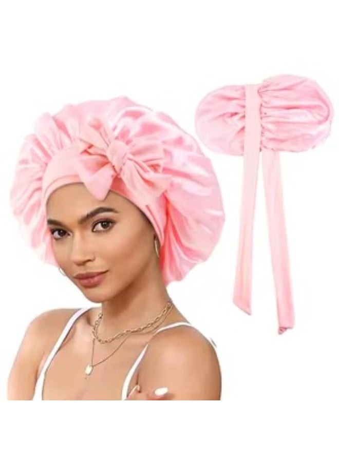 Premium Silk Satin Hair Bonnet with Adjustable Ribbon Tie  Soft Night Sleep Cap for Hair Protection, Frizz Control, and Retaining Moisture Pink bonnet - Image 2